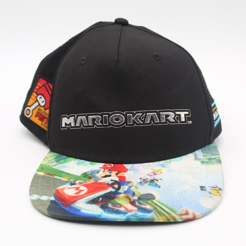 Nintendo Mario Kart raised lettering All Over Patch Black Snapback Youth Hat EUC